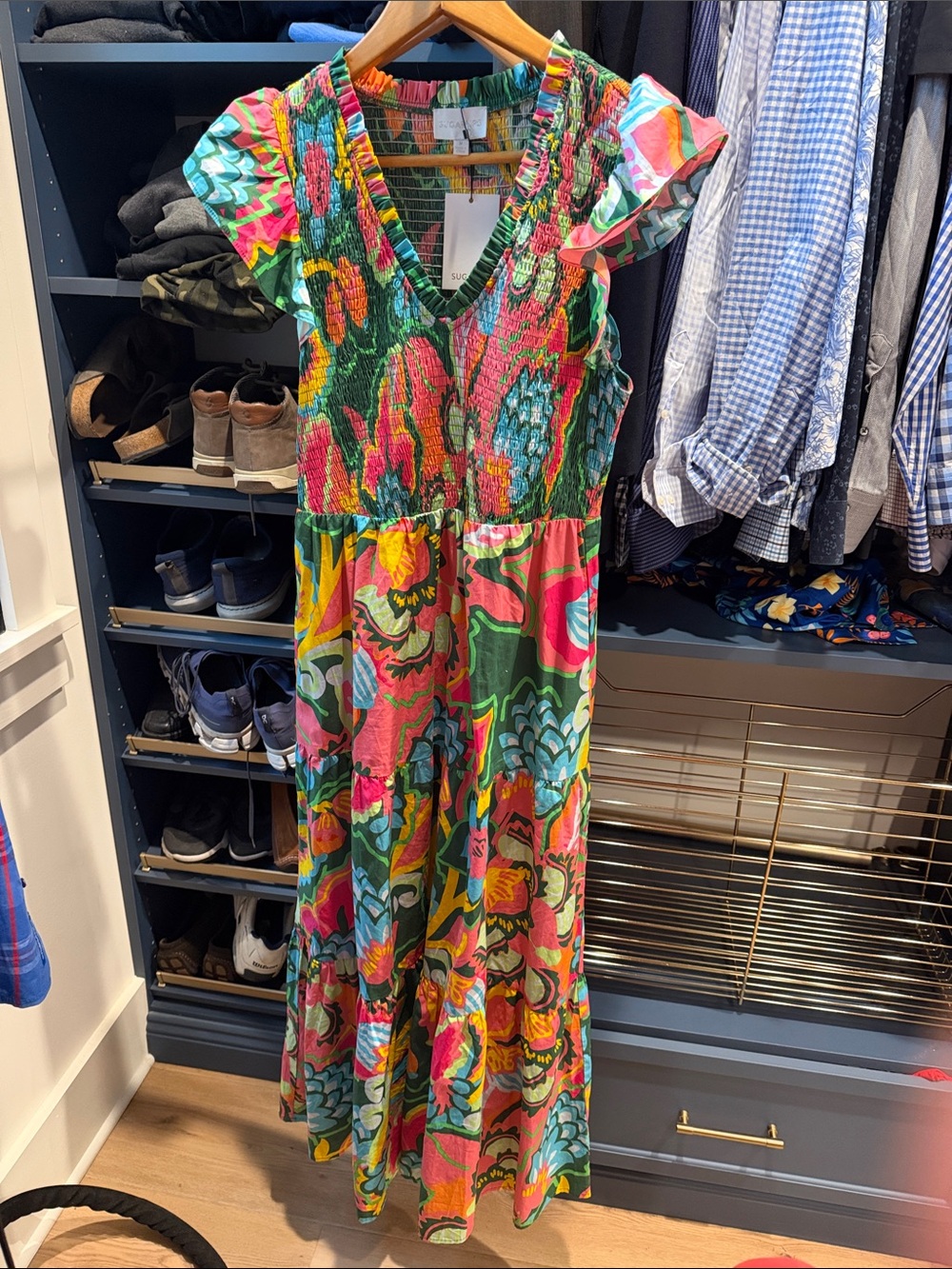 Sugarlips Green Pink Floral Smocked Maxi Dress
